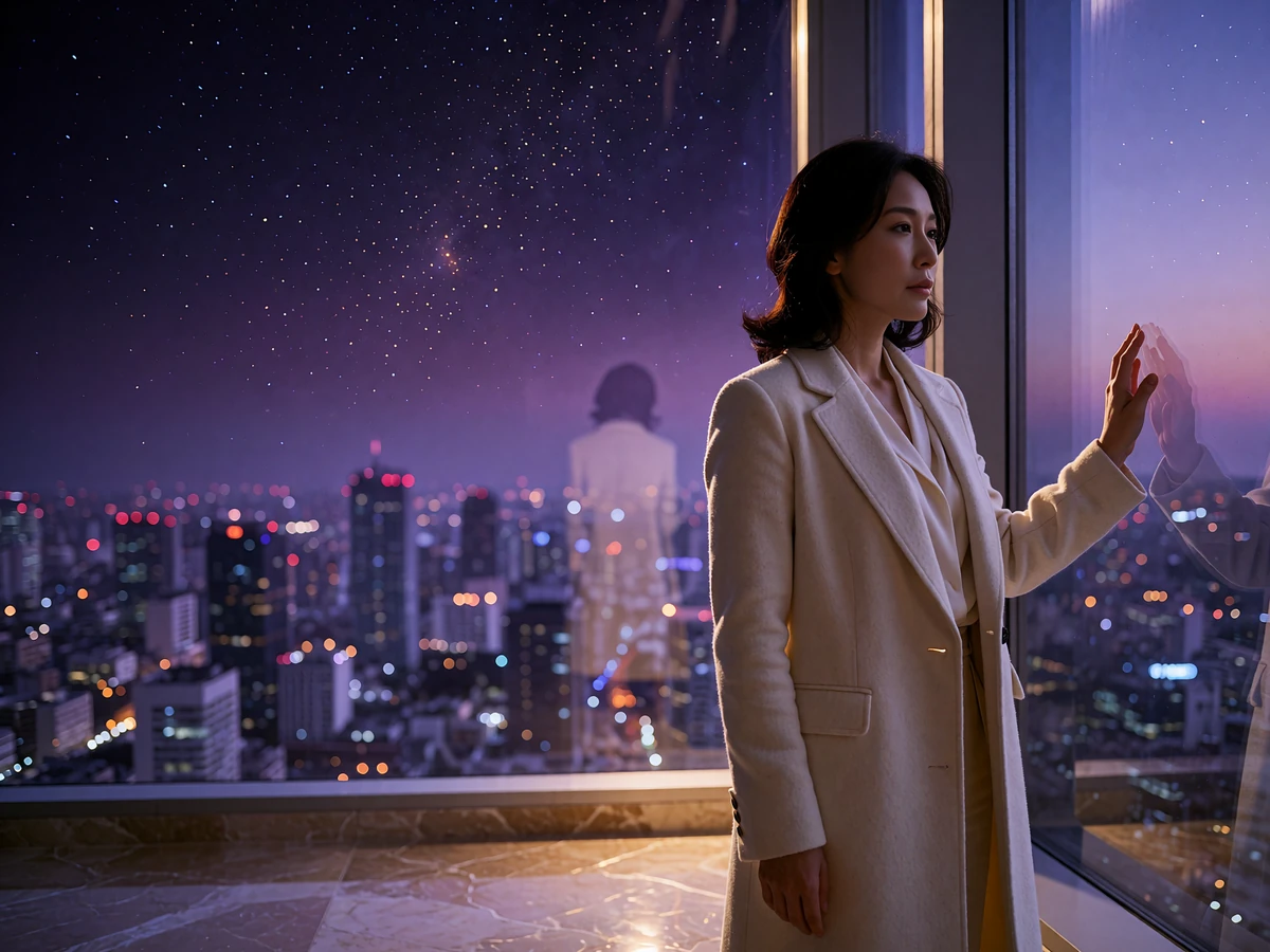 Elegant Korean woman in an ivory coat standing at a high-rise lounge window above an evening city skyline