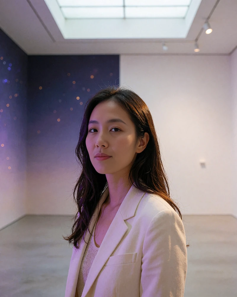 Korean member in a cream blazer standing in a minimal white-walled art gallery