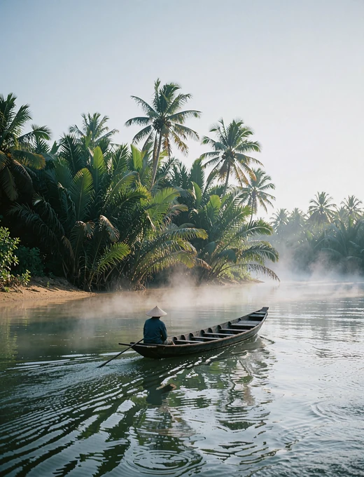 Wooden boat gliding along a misty tropical river at early morning with a lone figure at the stern