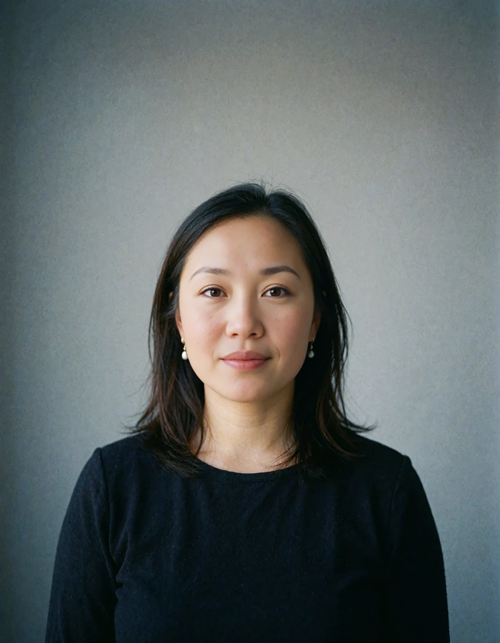 Mongolian woman in a simple black top photographed against a plain grey studio backdrop