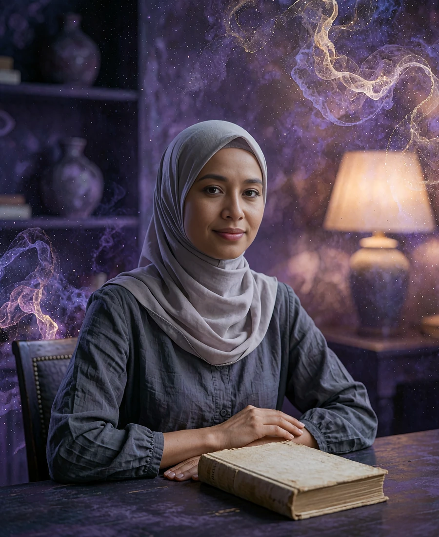 Bruneian member in a dove grey headscarf seated at a reading table with a closed book