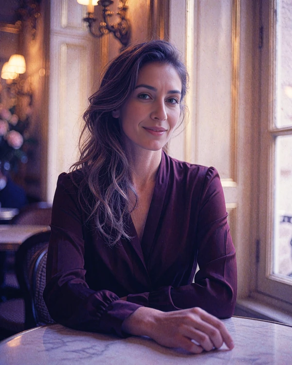 Armenian woman in a burgundy blouse seated at a café window table