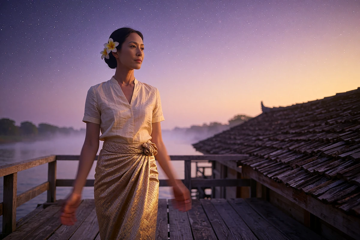 Serene Lao woman in a hand-woven silk wrap skirt standing on a wooden riverside terrace at golden hour near Luang Prabang