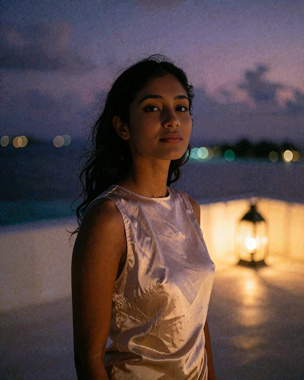 Maldivian member in a blush satin top on a rooftop lounge at dusk