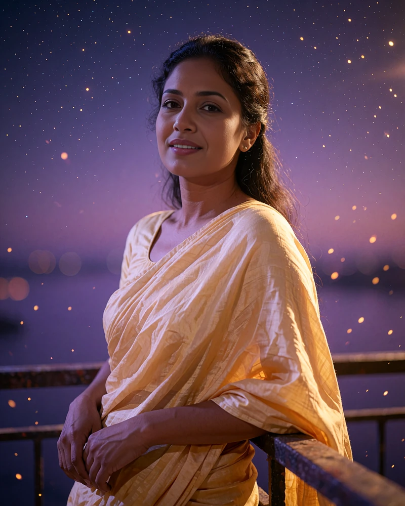 Bangladeshi member in a saffron drape leaning on a balcony rail at early evening