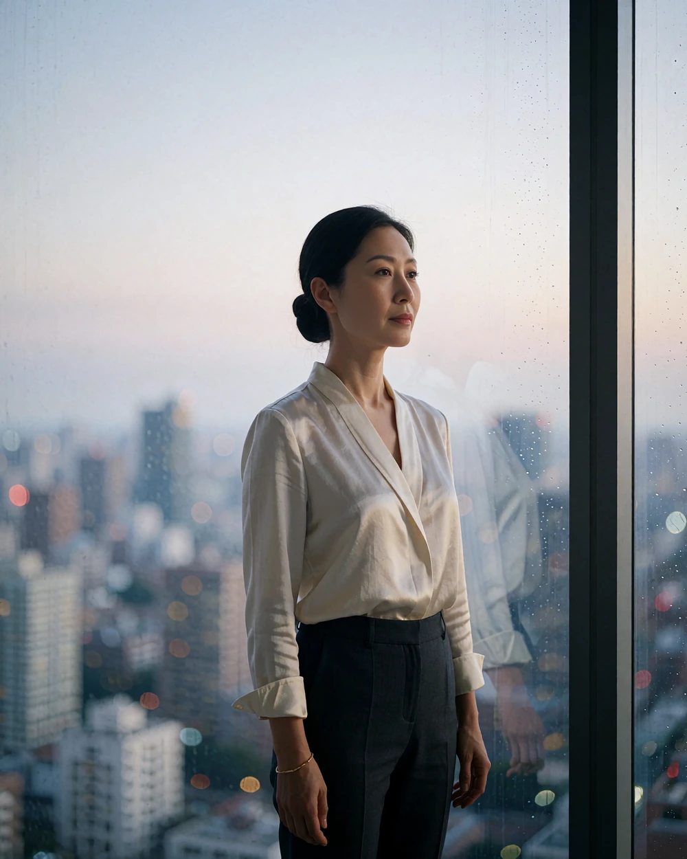 Composed Chinese woman in a cream silk blouse standing by a high-rise window with the city skyline softly blurred behind her