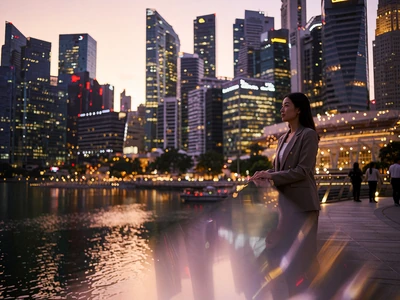 Singaporean woman in a tailored blazer standing on an elevated walkway overlooking the city skyline at dusk