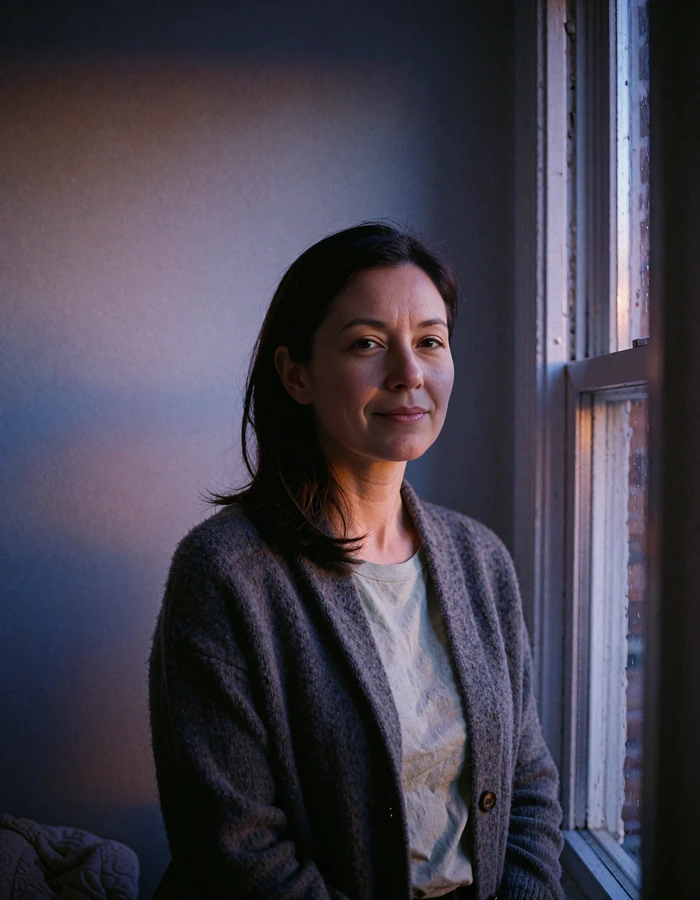Korean woman standing beside a window at dusk with a gentle smile