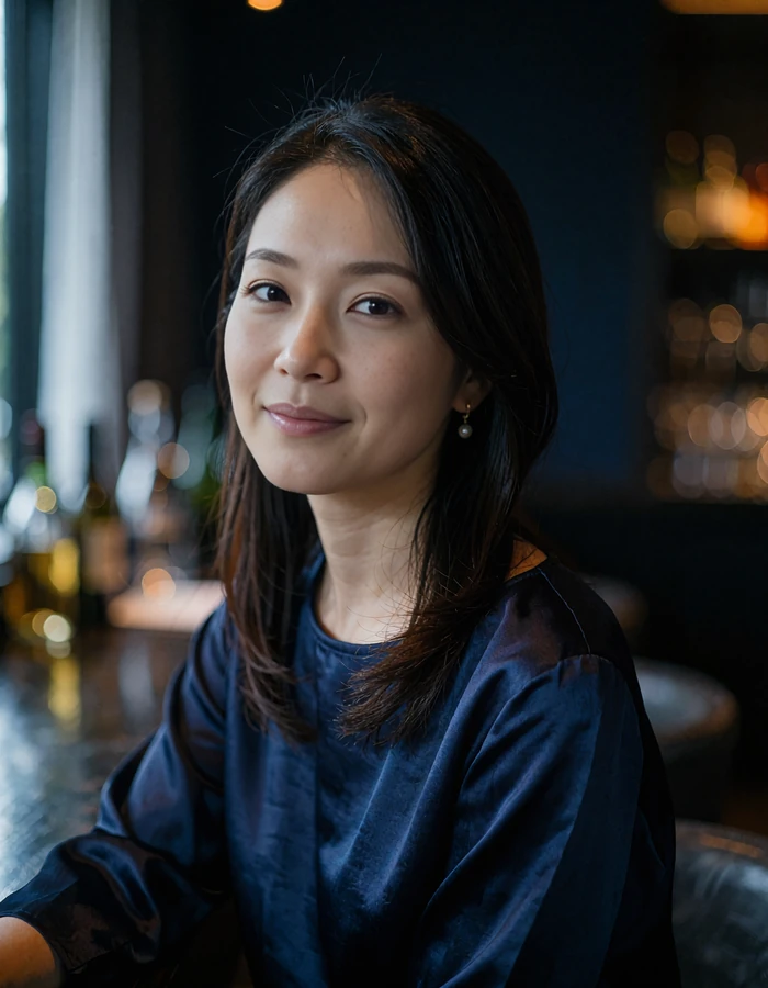 Japanese member in a navy silk top with a composed smile at a dim upscale hotel bar