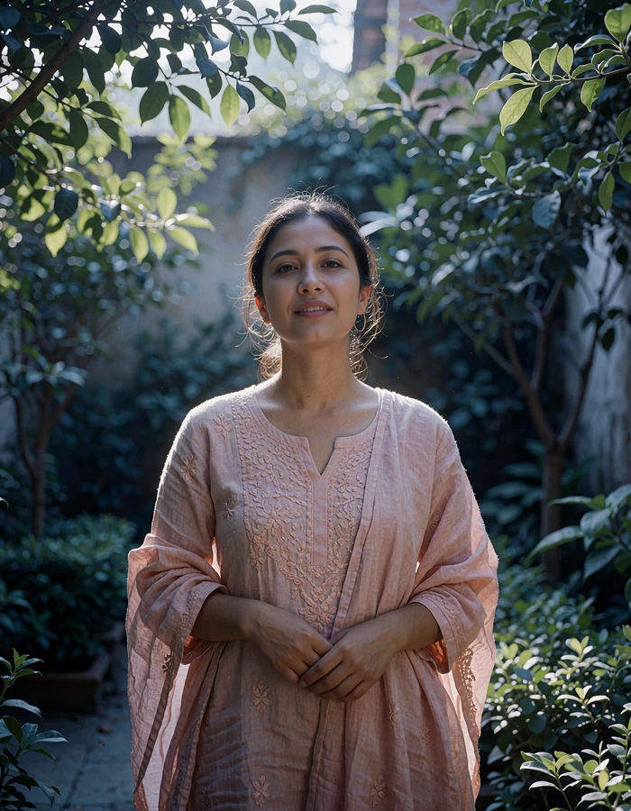 Nepali member in a rose linen kurta standing in a green courtyard garden