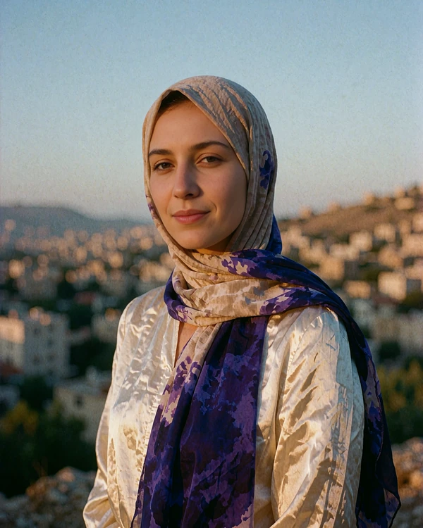Jordanian member in a sand-coloured headscarf standing on a stone terrace above Amman at dusk