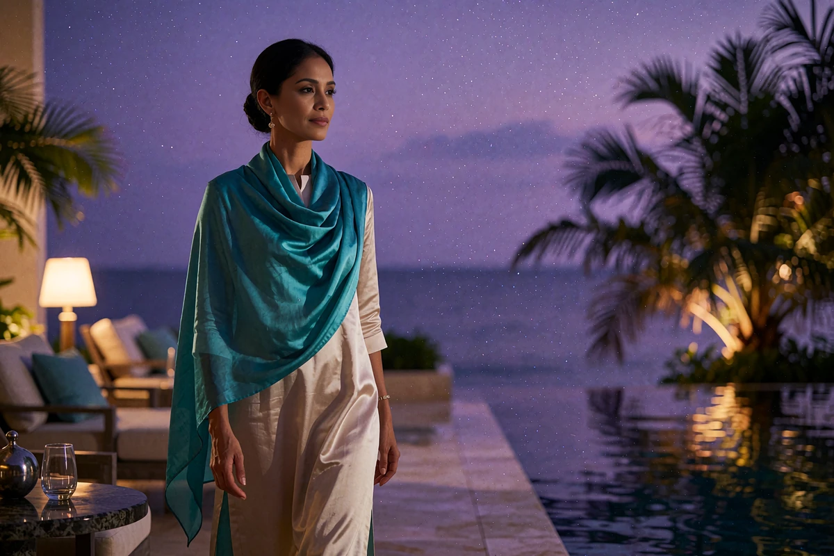 Elegant Bruneian woman in a teal silk scarf standing on a waterfront hotel lounge terrace at blue hour