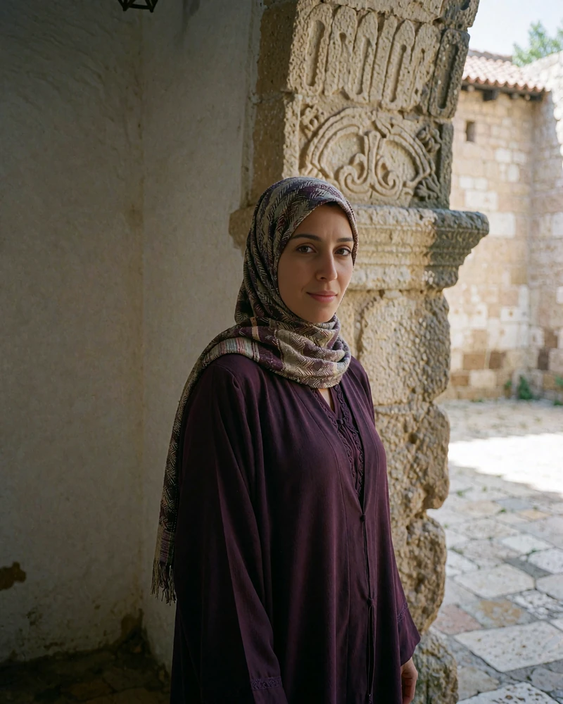 Yemeni member in a plum abaya standing beneath a stone archway in a shaded courtyard