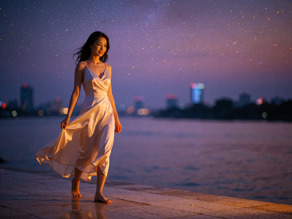 Elegant Vietnamese woman in a flowing silk dress walking along a riverside terrace at blue hour