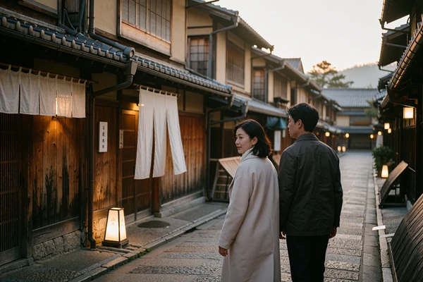 Couple walking side by side along a traditional wooden townhouse street at dusk in an old Japanese district