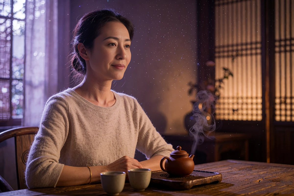 Elegant Taiwanese woman in a beige knit seated at a wooden tea table with a clay teapot in a softly lit Taipei tea house