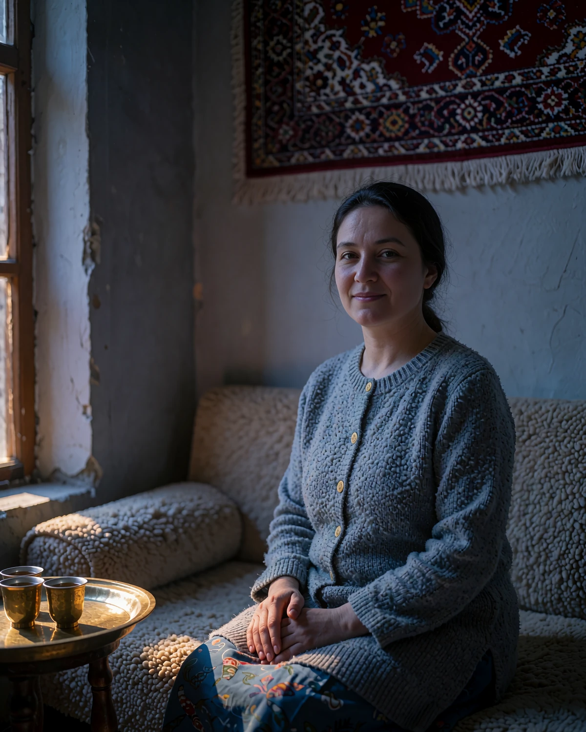 Turkmen woman seated calmly in a traditional carpeted room with a brass tea tray nearby