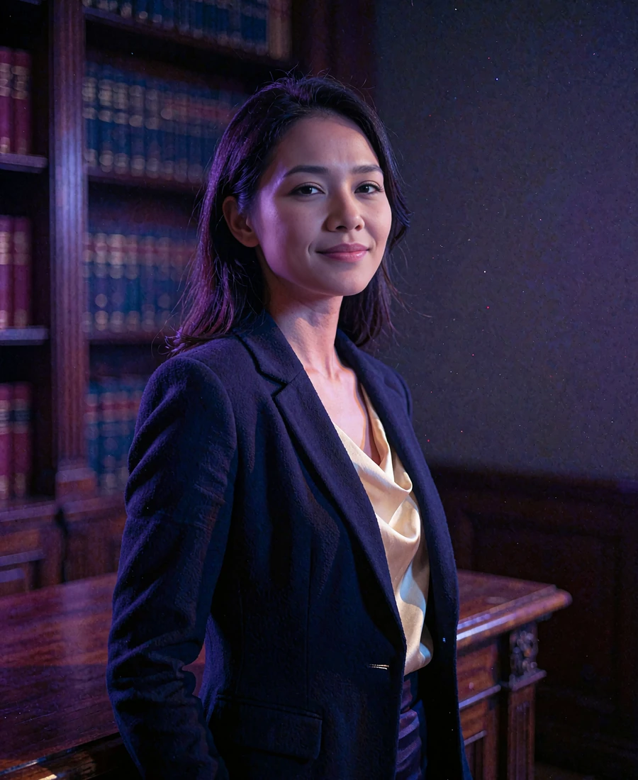 Burmese member in a tailored navy blazer standing in a quiet hotel library corner at night