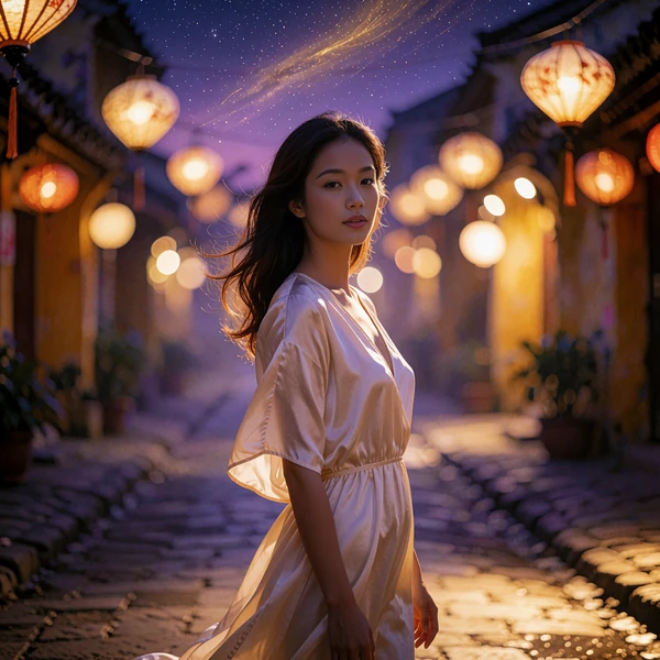 Vietnamese woman in a pale silk dress in a lantern-lit old-town lane
