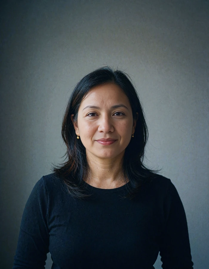 Nepali member photographed against a plain warm grey studio backdrop with a confident smile