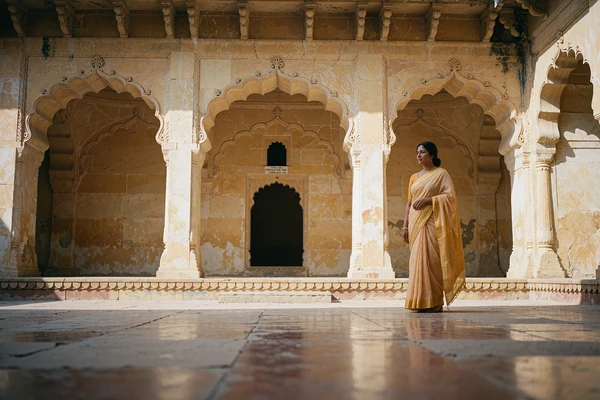 Indian woman in a saffron sari standing beneath a carved sandstone arch in a sunlit palace courtyard
