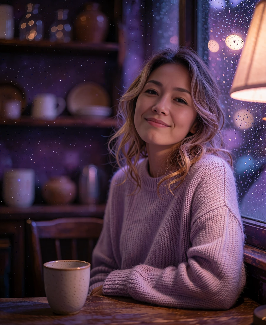 Taiwanese member in a lavender sweater seated at a café window beside dark timber shelving