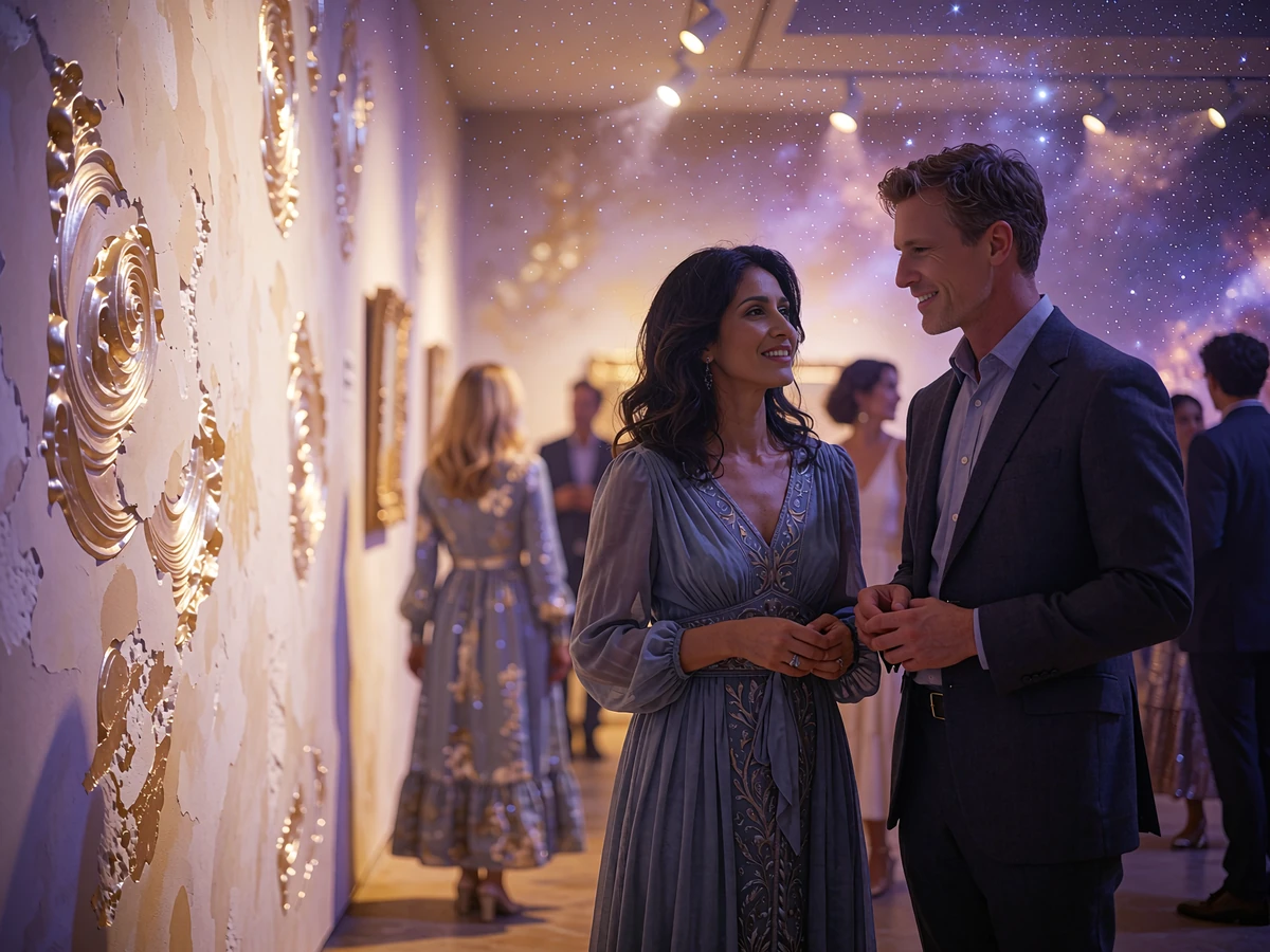 Well-dressed couple in relaxed conversation at an evening art gallery reception