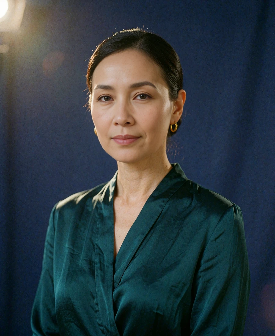 Malaysian member in a deep-teal silk blouse photographed against a seamless indigo backdrop