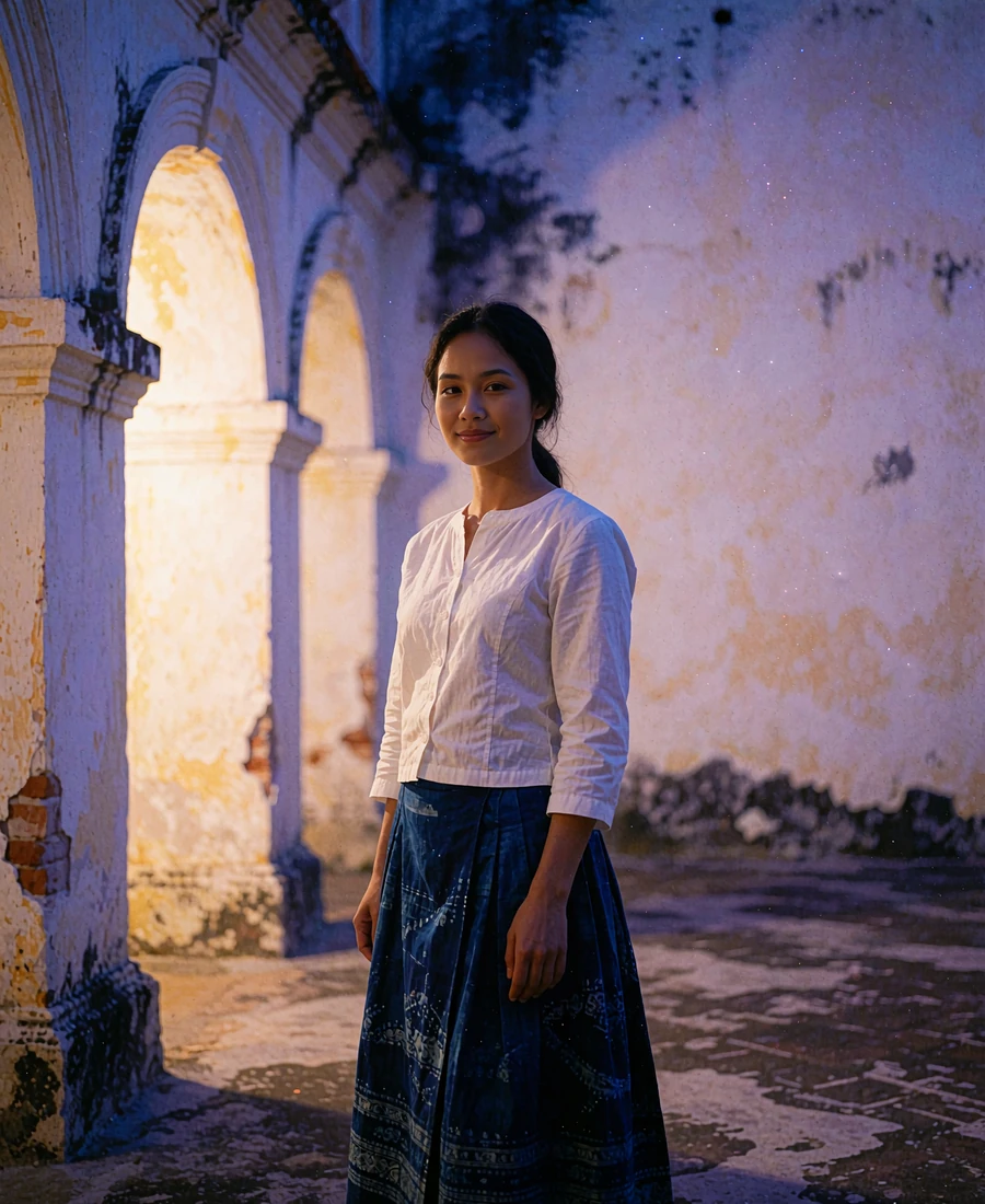 Cambodian member in a white blouse and indigo skirt standing in a colonial courtyard at dusk