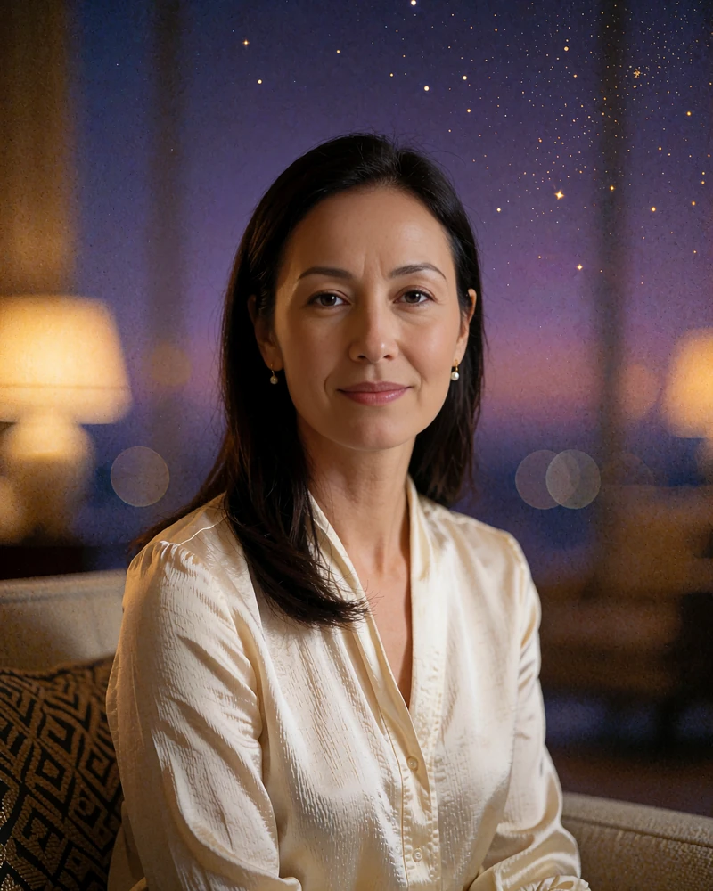 Elegant Japanese member in a cream silk blouse seated in an upscale Tokyo hotel lounge