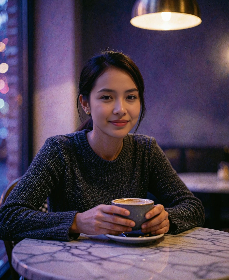 Burmese member in a charcoal knit top smiling at a marble café table at night