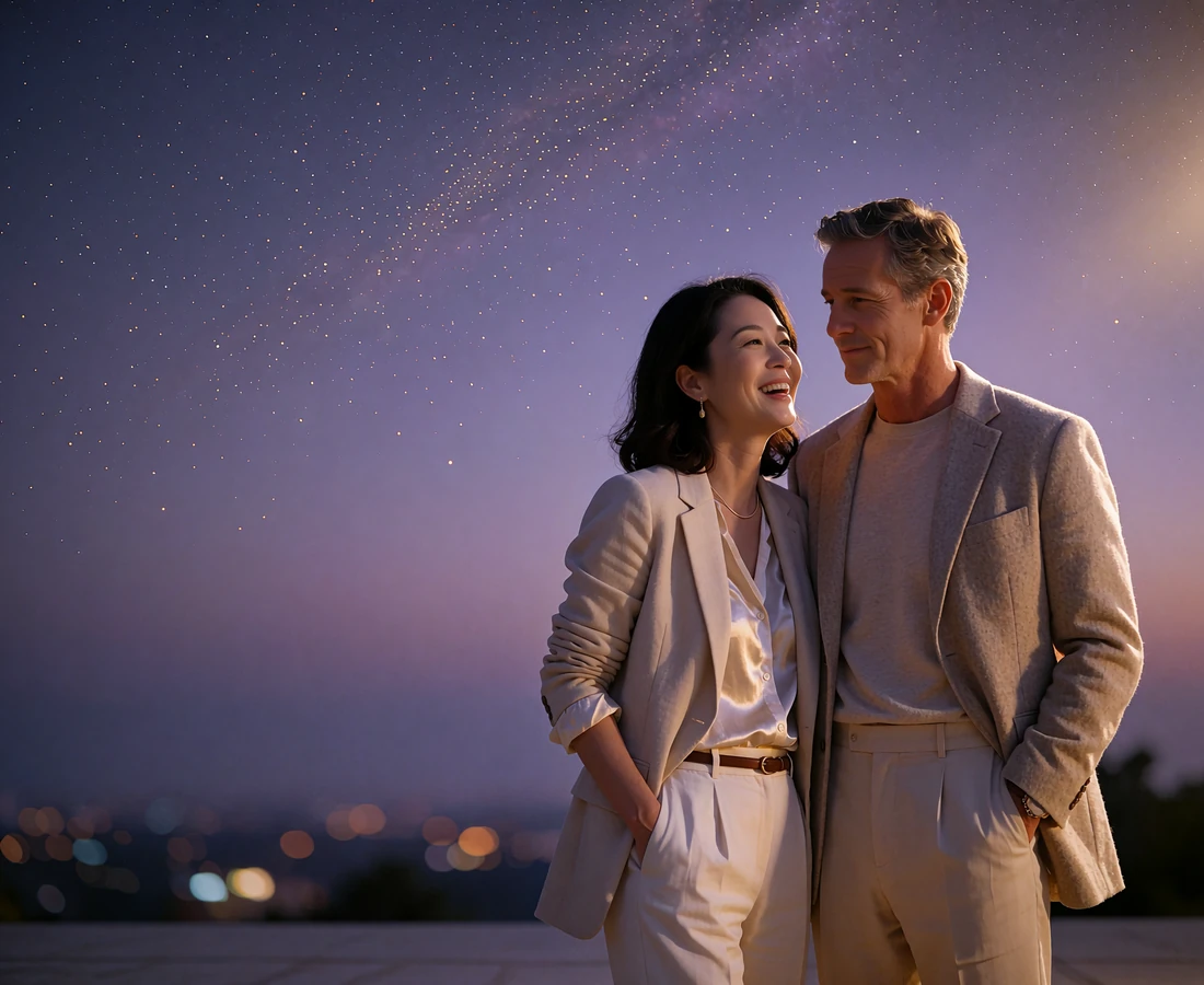 Korean woman and Western man standing close together on a terrace at dusk after meeting through an international dating platform