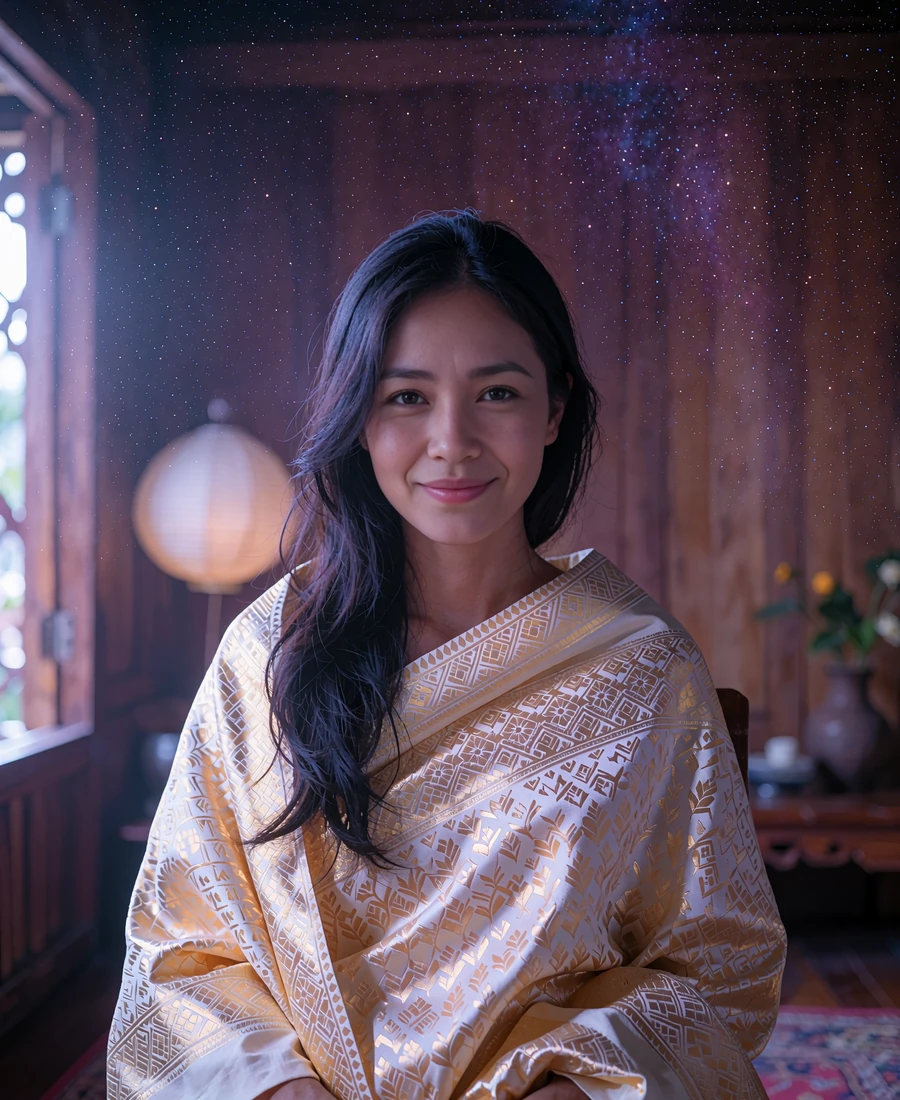 Lao member in a hand-woven silk wrap smiling gently in a teak-panelled interior with lantern light