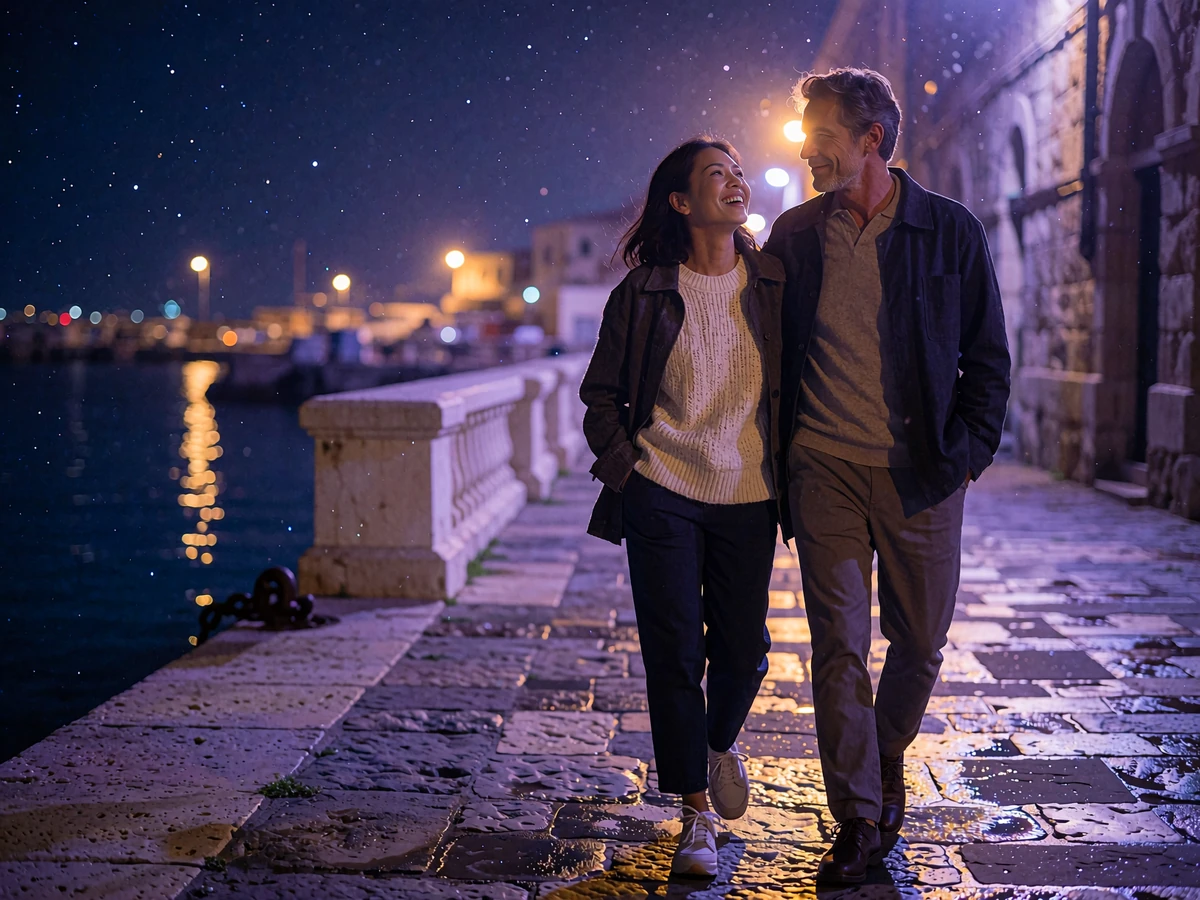 Filipina woman and Western man walking together along a harbor promenade at night after meeting through an international dating platform