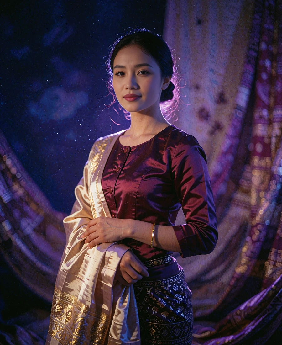 Burmese member in a burgundy silk blouse standing in a dim silk atelier holding fabric