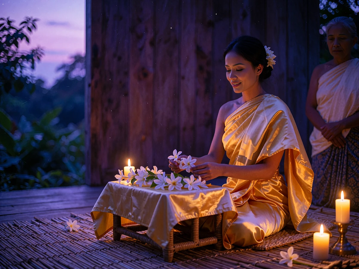 Cambodian woman in saffron silk arranging flowers beside a low table during a traditional ceremony