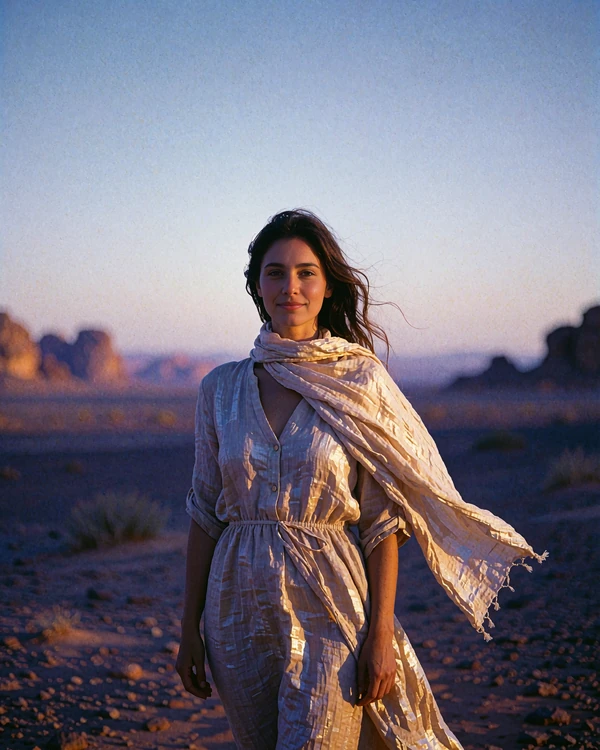 Jordanian member in a flowing linen dress standing on open desert ground at dusk