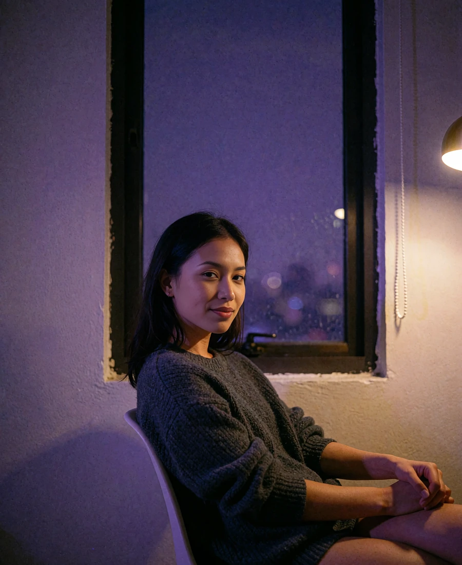 Filipina member in a charcoal knit sweater seated beside a window in a minimalist apartment