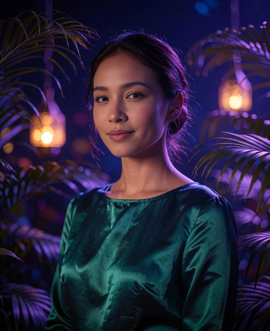 Cambodian member in an emerald silk dress standing in a lantern-lit hotel garden