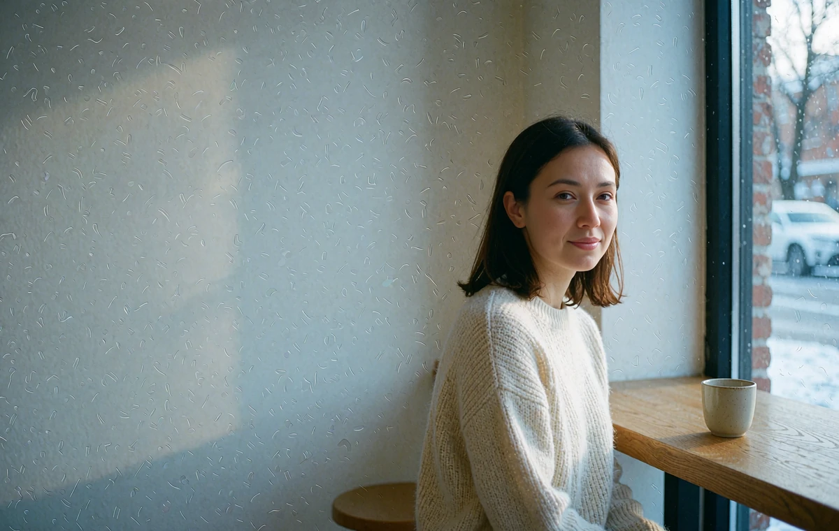 Kazakh woman in an ivory knit sweater sitting by a cafe window in soft winter daylight