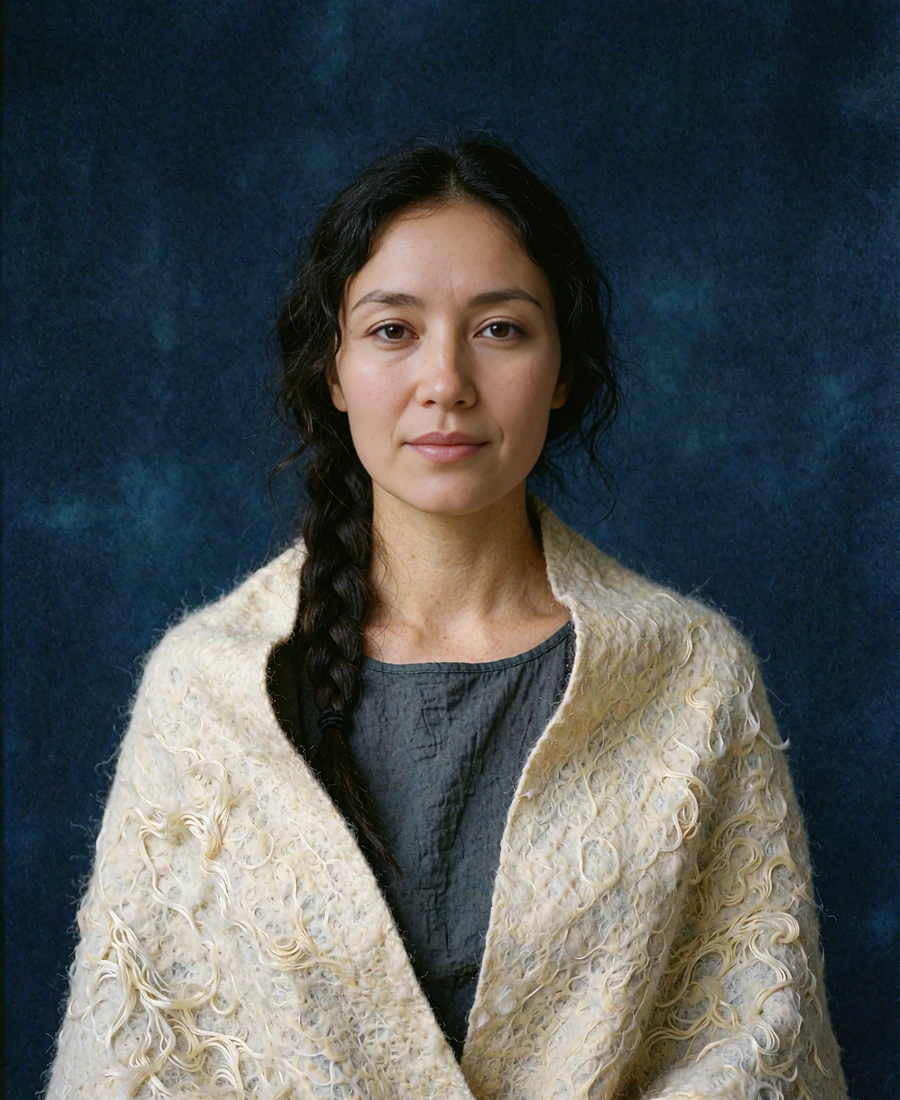 Kyrgyz member wrapped in a plain ecru felted wool shawl against a deep indigo studio backdrop
