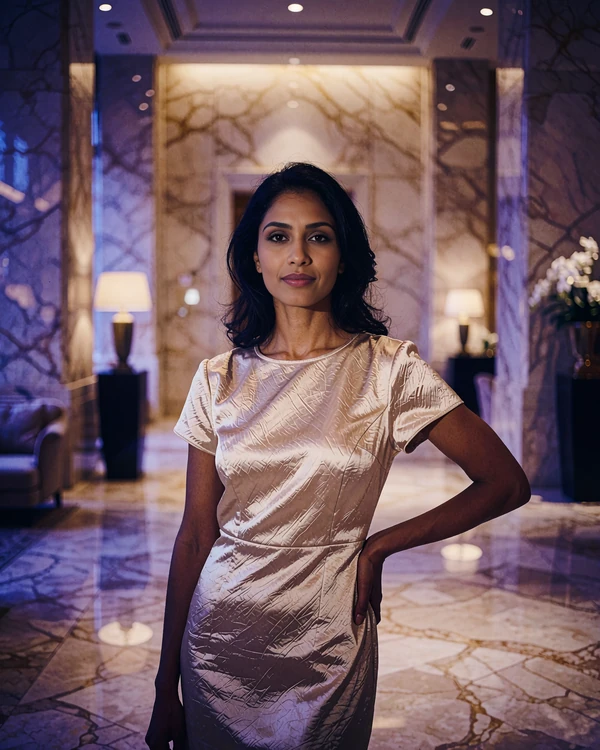 Indian member in a champagne satin dress standing in the marble lobby of a luxury hotel