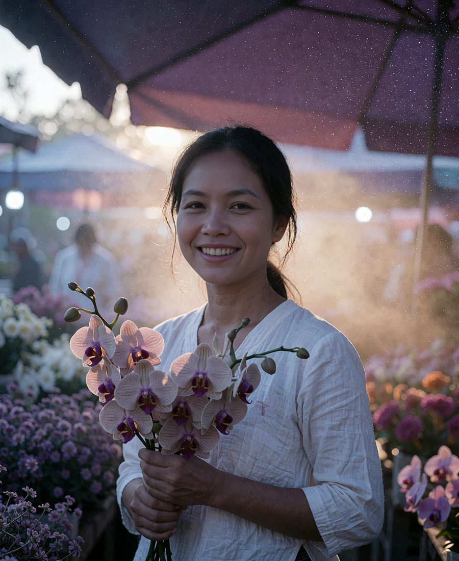 Lao member holding pale orchids at a softly blurred morning flower market