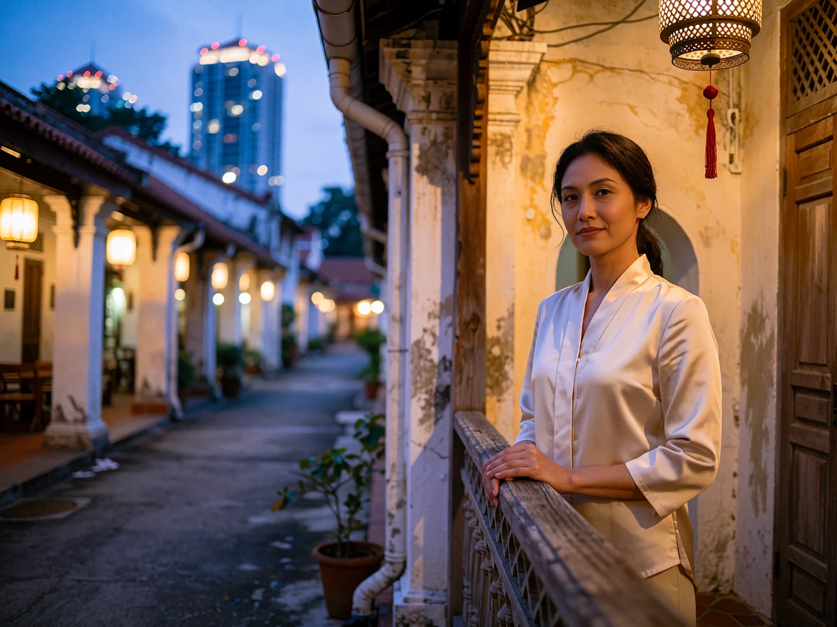 Malaysian woman standing on a heritage shophouse veranda in Penang during blue hour with soft lantern light