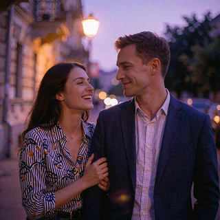 Armenian woman and Western man laughing together on an evening street