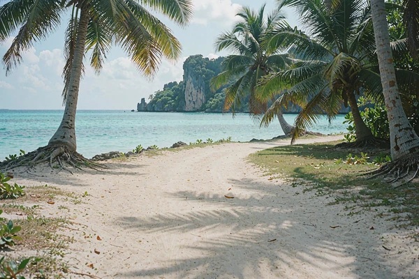 Curving sand path between palms opening onto a calm turquoise bay with a distant limestone headland