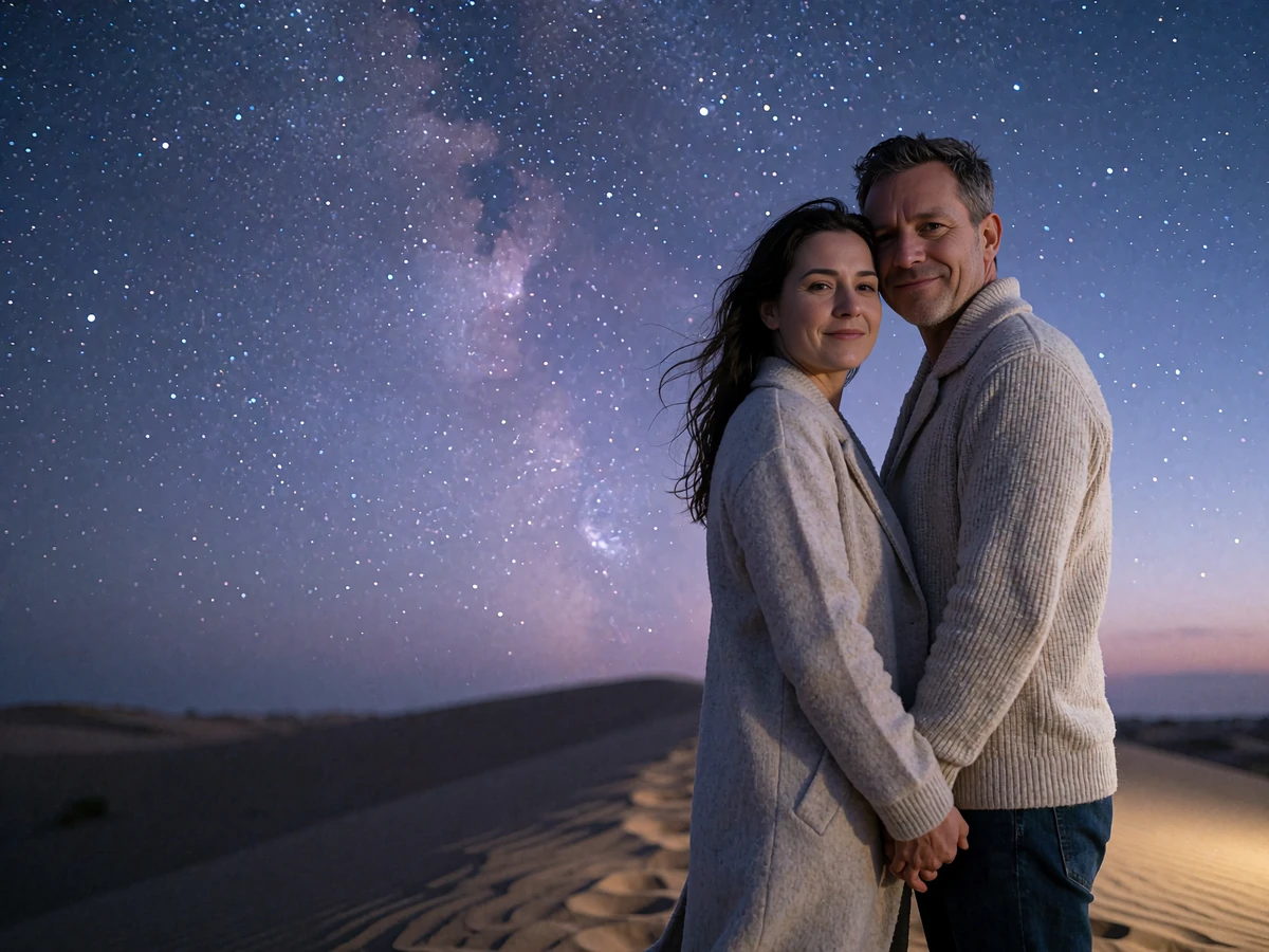 Turkmen woman and Western man standing together on a desert ridge at nightfall under a star-filled sky