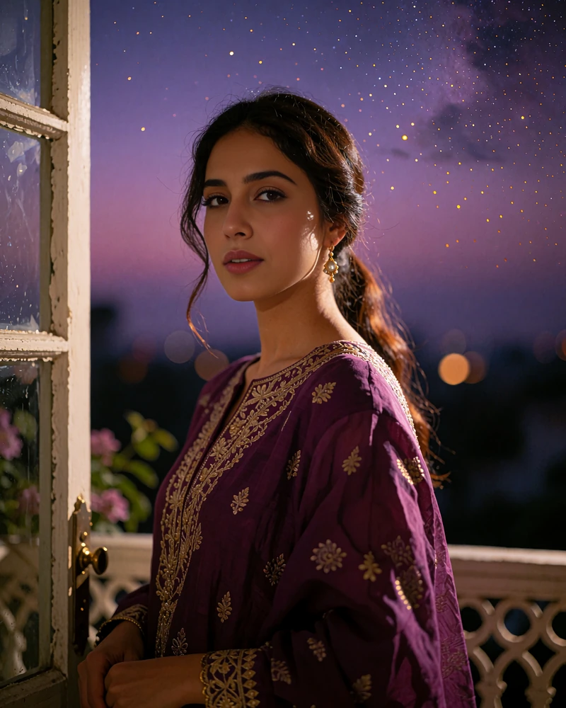 Pakistani member in a plum outfit with gold embroidery standing by an open balcony doorway at dusk