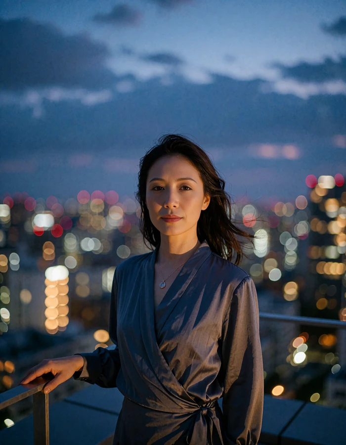 Japanese member in a slate wrap blouse standing on a rooftop terrace at blue hour