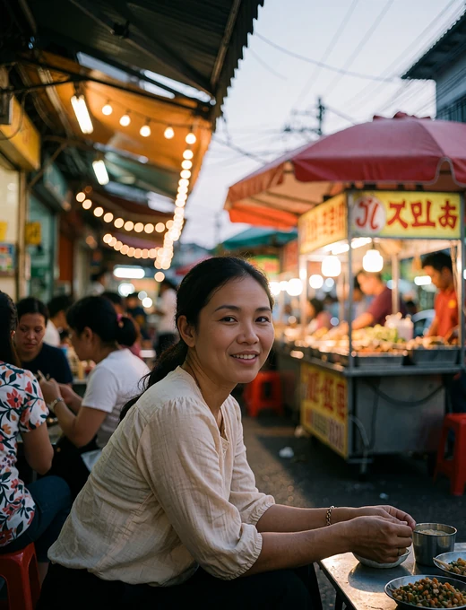 Southeast Asian woman smiling at a low outdoor table in a lively evening food lane strung with lights